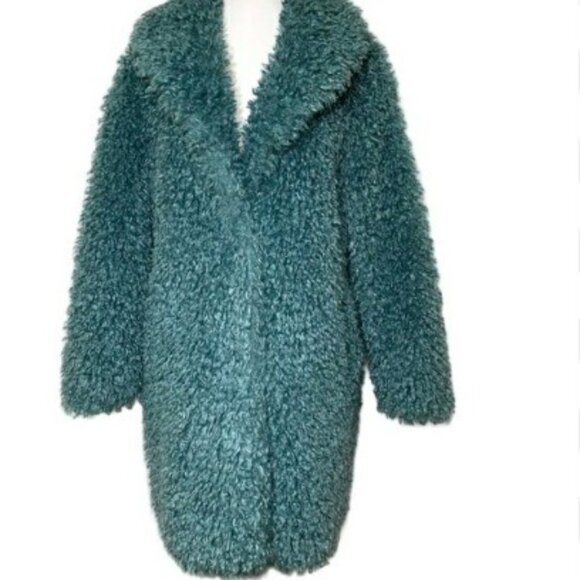 BCBGeneration Teddy Faux-Fur Blue-Green Coat L NWOT plush streetwear BOHO - Picture 2 of 16